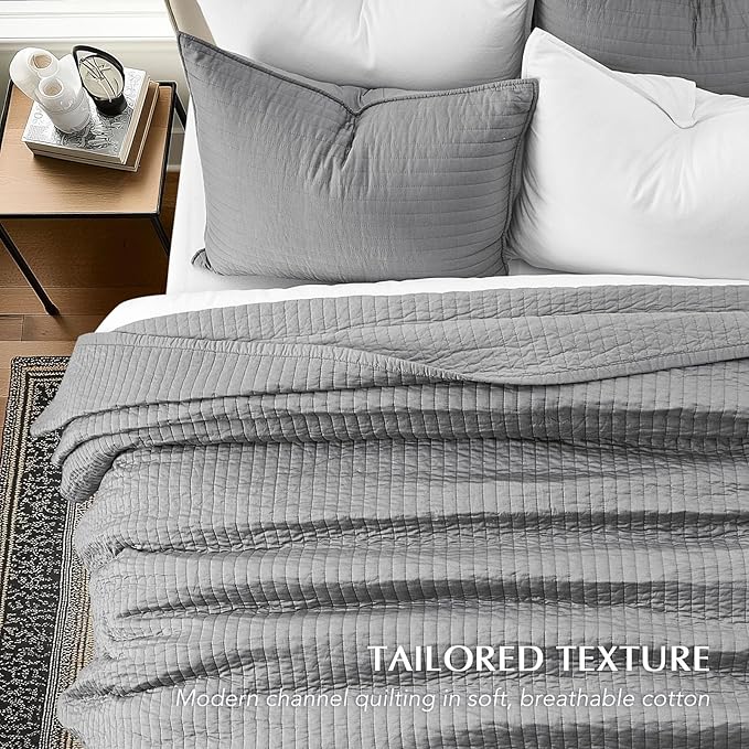 EVERGRACEHOME Cotton Sateen Quilt Set Queen Size, Pre-Washed Cotton Channel Stitch Coverlet Bedspread, 3 Pieces Lightweight Soft Bedding Sets for All Season, with 2 Pillow Shams, Fog Gray