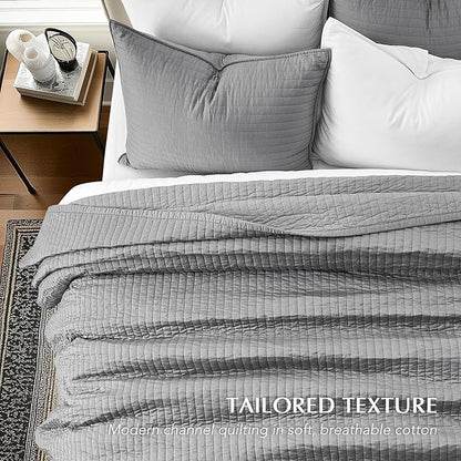 EVERGRACEHOME Cotton Sateen Quilt Set Queen Size, Pre-Washed Cotton Channel Stitch Coverlet Bedspread, 3 Pieces Lightweight Soft Bedding Sets for All Season, with 2 Pillow Shams, Fog Gray