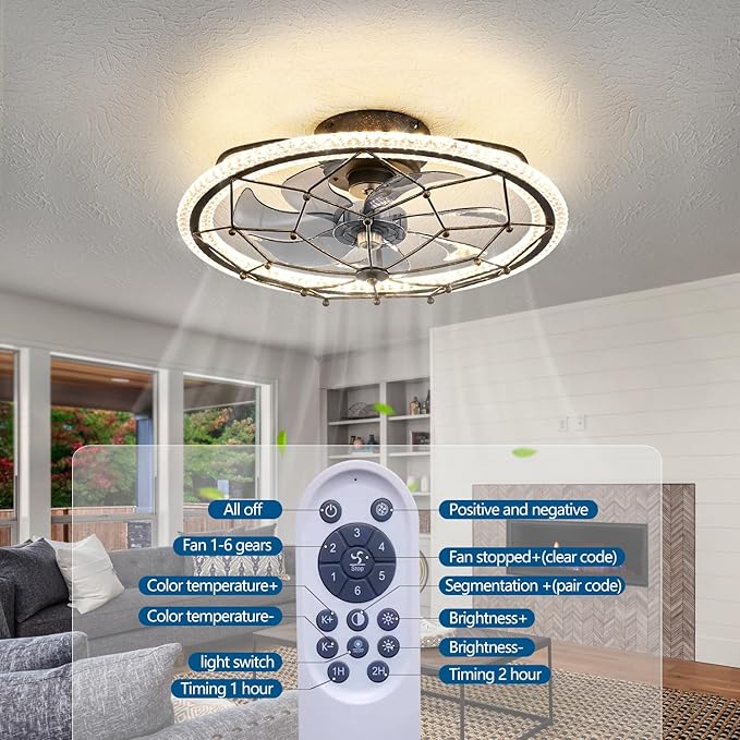 Rustic Black Ceiling Fan with Light, Farmhouse Chemistry Molecular Model Caged Ceiling Fan with Remote, LED Low Profile Ceiling Light for Bedroom Kitchen Living Room