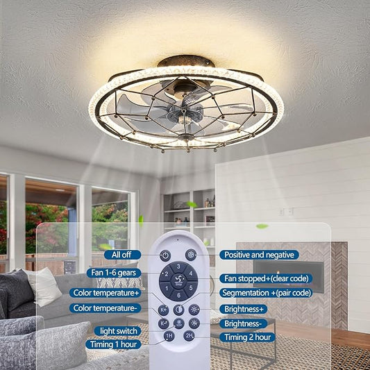 Rustic Black Ceiling Fan with Light, Farmhouse Chemistry Molecular Model Caged Ceiling Fan with Remote, LED Low Profile Ceiling Light for Bedroom Kitchen Living Room