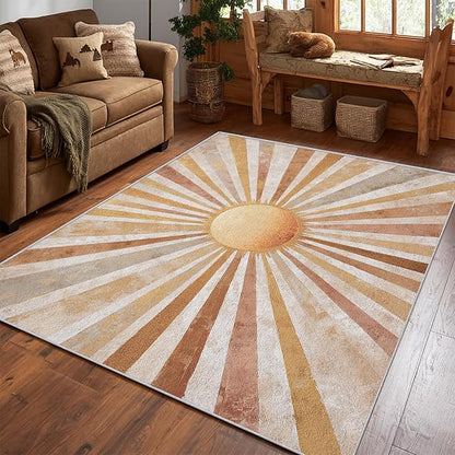 Boho Sun Rug, Large 8x12 Area Rugs Abstract Striped Bohemian Vintage Pattern for Living Room, Bedroom, Boho Sun Home Decor Accessories Indoor Carpet, Non Slip & Machine Washable