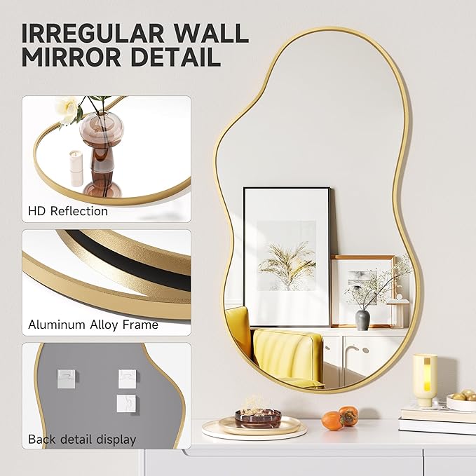 Hasipu Irregular Wall Mirror - 35"x24" Asymmetrical Mirror, Modern Decorative Mirrors for Living Room, Entryway, Hallway, Bathroom, Bedroom,Wall Mounted Home Decor (Gold)