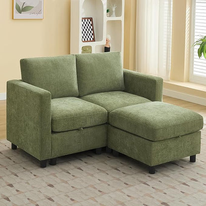 58”Modular Sectional Loveseat Sofa with Storage, Comfy Office L Shaped Sofa Couch, Chenille Love Seat Modular Sectional Couch with Movable Ottoman for Living Room, Bedroom, Green