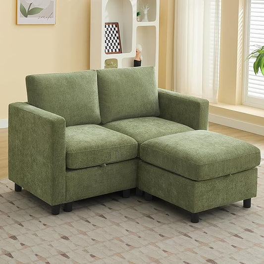 58”Modular Sectional Loveseat Sofa with Storage, Comfy Office L Shaped Sofa Couch, Chenille Love Seat Modular Sectional Couch with Movable Ottoman for Living Room, Bedroom, Green