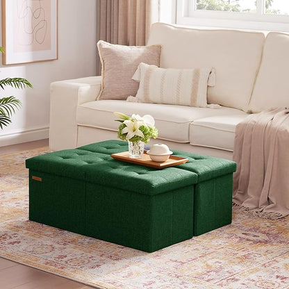 HAUSFRAU 31.5 Inches Ottoman with Storage Bench, Folding Ottoman Bench Small Foot Rest Stool, Bedroom Bench with Flipping Lid, Linen Green