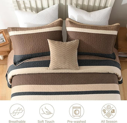 Finlonte Bedspread King Size 100% Cotton Oversized King Size Bedspreads Charcoal Brown Beige California King Quilted Bed Spread Striped Farmhouse Lightweight Soft Bedding Sets for All Season, 3 Piece