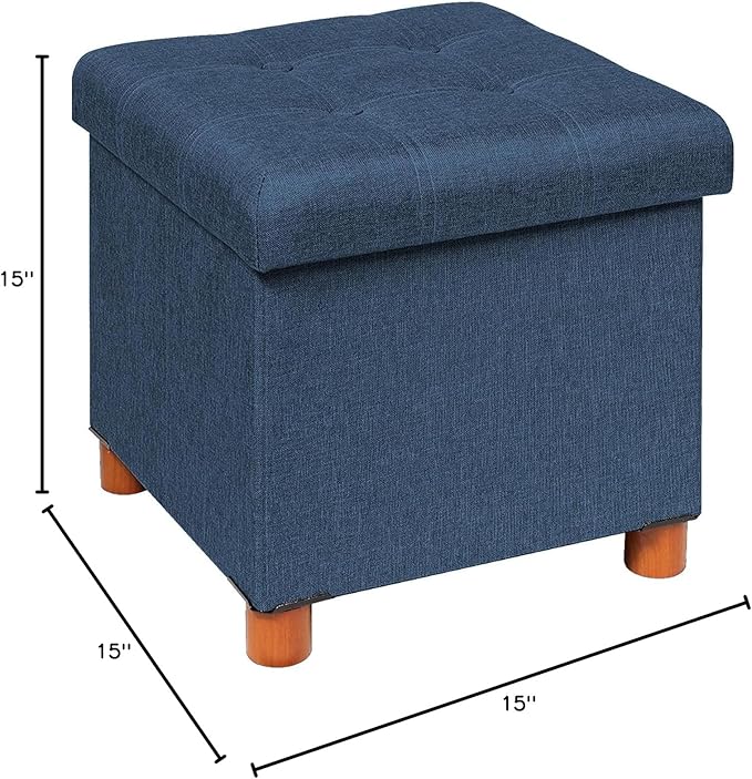 PINPLUS Storage Ottoman Cube, White Linen Footrest with Wooden Legs, Foldable Fabric Footrest, Comfortable Seat with Lid, Ottoman with Storage for Living Room, 15" x 15" x 15"，Blue