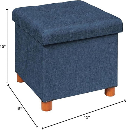PINPLUS Storage Ottoman Cube, White Linen Footrest with Wooden Legs, Foldable Fabric Footrest, Comfortable Seat with Lid, Ottoman with Storage for Living Room, 15" x 15" x 15"，Blue