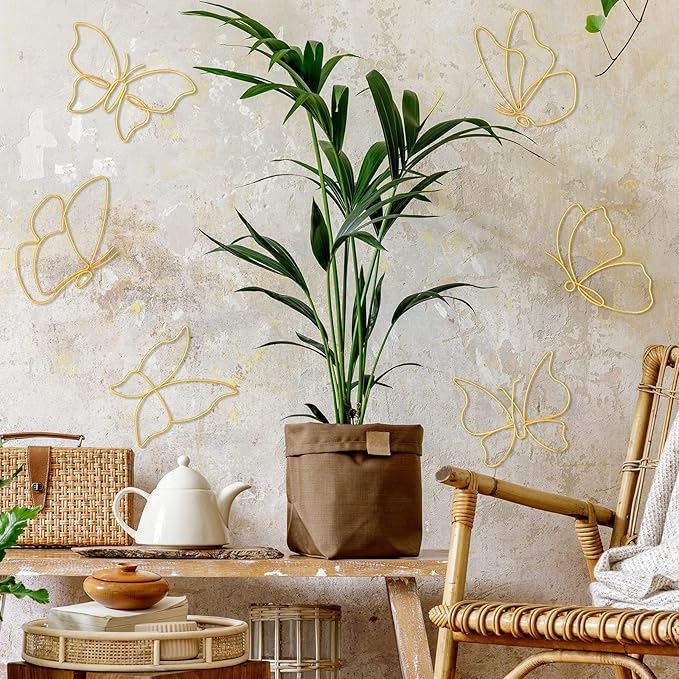 Hotop 6 Pieces Metal Butterfly Wall Decor Metal Wall Art Heart Hanging Decorations Wire Flowers Decals Decor for Kitchen Bathroom Indoor Outdoor Wedding Birthday Party(Classic,Gold)
