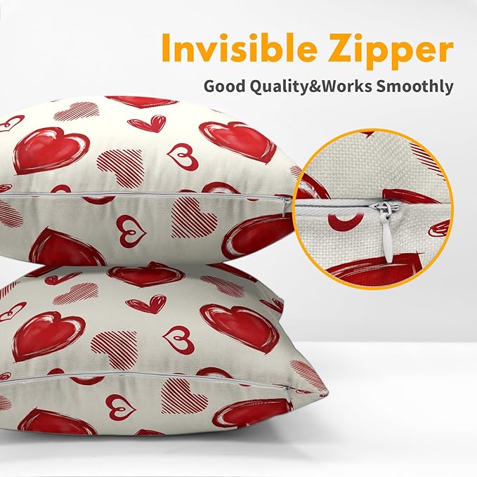 Valentines Day Pillow Covers 20x20 Set of 2 Beige Red Heart Throw Pillow Covers Love Pillowcase Linen Decoration Farmhouse Holiday Cozy Soft Cushion Case Couch for Indoor Outdoor Home Decor
