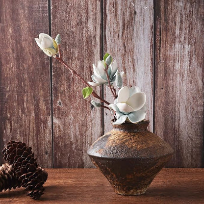 Small Stone Vase for Rustic Home Decor, Farmhouse Antique Pottery Vase Furniture&Table Flower Decorative, Round Terracotta Vases for Living Room Decor, Modern Rustic Concrete Clay Art Vases