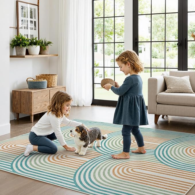 Moynesa Abstract Rainbow Washable Area Rug 6x9, Soft Ultra-Thin Rugs for Bedroom Boys Non Slip Playroom Rug, Mid Century Modern Colored Orange Green Large Carpet for Living Room Nursery