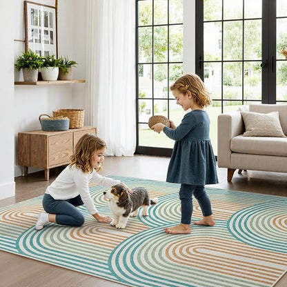 Moynesa Abstract Rainbow Washable Area Rug 6x9, Soft Ultra-Thin Rugs for Bedroom Boys Non Slip Playroom Rug, Mid Century Modern Colored Orange Green Large Carpet for Living Room Nursery