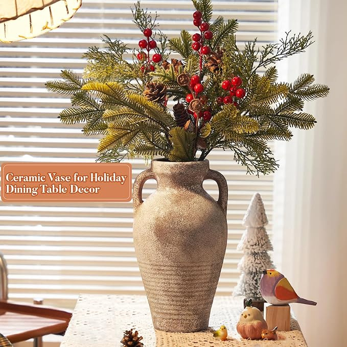 Ceramic Vase with Handles 11 inch Tall Rustic Vases Brown Terracotta Vase,Vintage Decorative Farmhouse Pottery Vase Wabi Sabi for Home Decor,Living Room,Dining Room,Wedding,Table Decoration