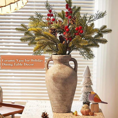 Ceramic Vase with Handles 11 inch Tall Rustic Vases Brown Terracotta Vase,Vintage Decorative Farmhouse Pottery Vase Wabi Sabi for Home Decor,Living Room,Dining Room,Wedding,Table Decoration