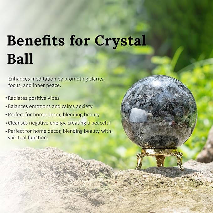 Crocon 50mm Larvikite Stone Sphere Ball with Metal Stand 1400+ Carats Gemstone Ball Healing Sphere Sculpture Figurine for Fengshui Divination Home Decoration Photography Crystal Sphere