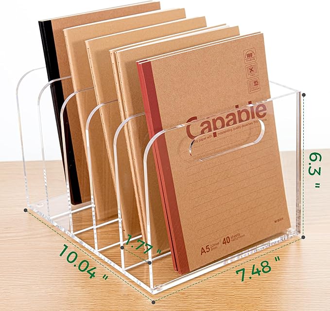 Acrylic Magazine File Holder, 5 Vertical Compartments Desk Document Sorter Organizer, Clear Folder Rack Binder for Office/Documents/Classroom, for Home, Tablet, Magazines, Books & Accessories