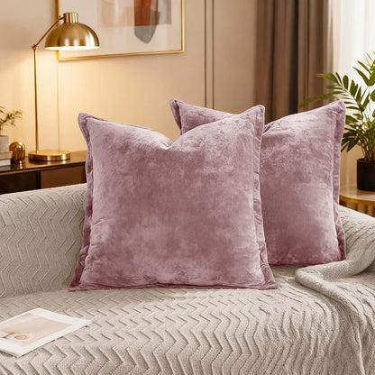 Velvet Pillow Covers 2 Pack Soft 26x26 Pillow Covers Solid Square Euro Shams Decorative Couch Pillow Cases with Wide Border for Sofa Bed Home Decor,Pink