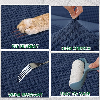 MAXIJIN Couch Cushion Covers for Sectional Sofa, Stretch Sofa Cushion Cover Washable Furniture Protector with Elastic Bottom & Non-Slip Strap for Pets Kids (3PC Seat Cover, Navy Blue)