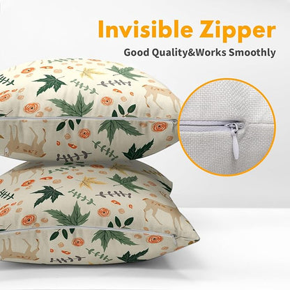 Deer Fall Pillow Covers 18x18 Set of 2 Green Cream Maple Leaf Autumn Outdoor Christmas Pillows Case Animal Print Pattern Decorative Xmas Cushion Cover Rustic Decoration Farmhouse Sofa Couch Bed Decor
