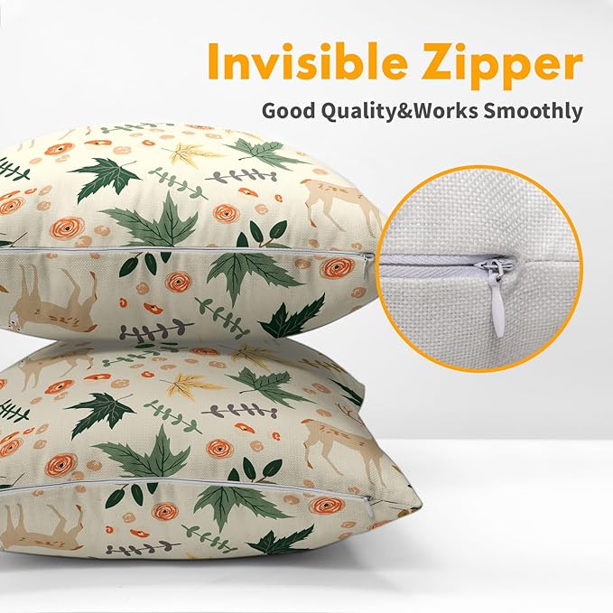 Deer Fall Pillow Covers 24x24 Set of 2 Green Cream Maple Leaf Autumn Outdoor Christmas Pillows Case Animal Print Pattern Decorative Xmas Cushion Cover Rustic Decoration Farmhouse Sofa Couch Bed Decor