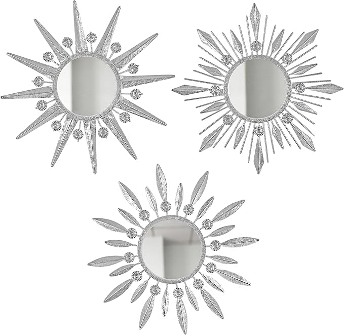 Silver Mirrors Wall Decor, Metal Sunburst Mirror Wall Art Christmas Decorative Mirrors, 9 inch Home Christmas Decoration Rhinestone Small Mirror for Living Room Entryway Set of 3
