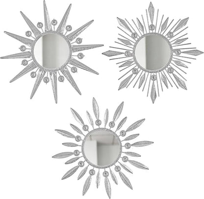 Silver Mirrors Wall Decor, Metal Sunburst Mirror Wall Art Christmas Decorative Mirrors, 9 inch Home Christmas Decoration Rhinestone Small Mirror for Living Room Entryway Set of 3