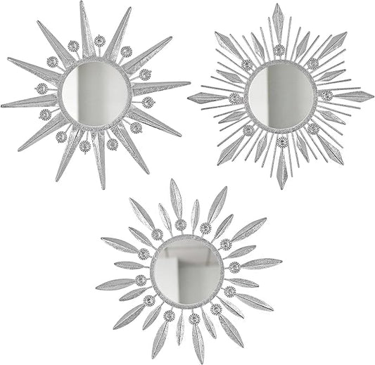 Silver Mirrors Wall Decor, Metal Sunburst Mirror Wall Art Christmas Decorative Mirrors, 9 inch Home Christmas Decoration Rhinestone Small Mirror for Living Room Entryway Set of 3