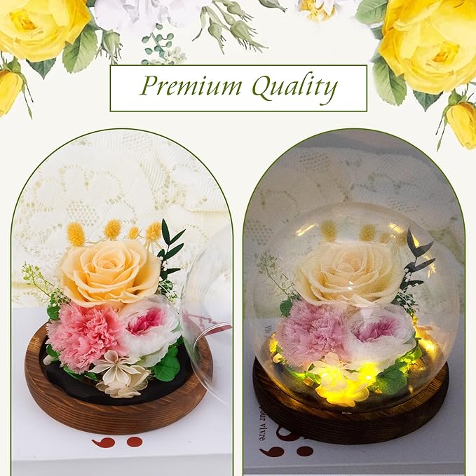 Yellow Rose Valentines Day Gifts for Her Gifts for Womens Mothers Day Gifts for Mom Grandma - Preserved Real Rose in Glass Dome with LED Strip, Forever Flowers for Delivery on Birthday