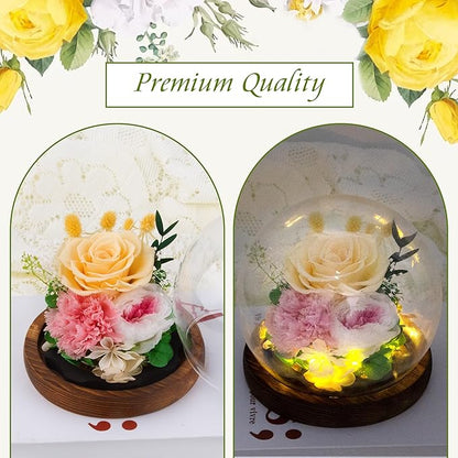Yellow Rose Valentines Day Gifts for Her Gifts for Womens Mothers Day Gifts for Mom Grandma - Preserved Real Rose in Glass Dome with LED Strip, Forever Flowers for Delivery on Birthday
