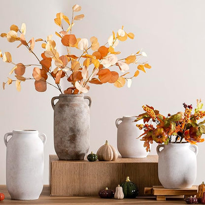 Large Flower Vase Home Decor - 12 inch Tall Ceramic Farmhouse White Rustic Table Vases with Handle Living Room Decoration Decorative Modern for Fireplace Kitchen