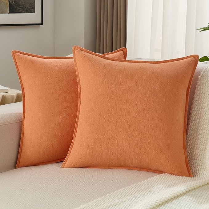FUTEI Orange Chenille Throw Pillow Covers 16x16 Inch Set of 2,Edges Double-Stitched Cushion Cases,Modern Home Decor for Couch Living Room