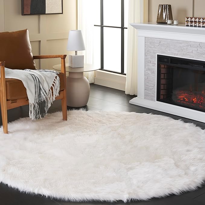 SAFAVIEH Faux Sheep Skin Collection 6' Round Ivory FSS235A Silken Glam 2.35-inch Thick Area Rug