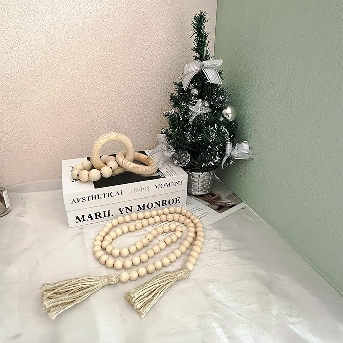 2 pcs Decorative Wood Knot Link Chain and Bead Decor, Natural Wooden Knot Decor for Coffee Table Farmhouse Decortive for Home Boho Modern Shelf Decortion(Natural)