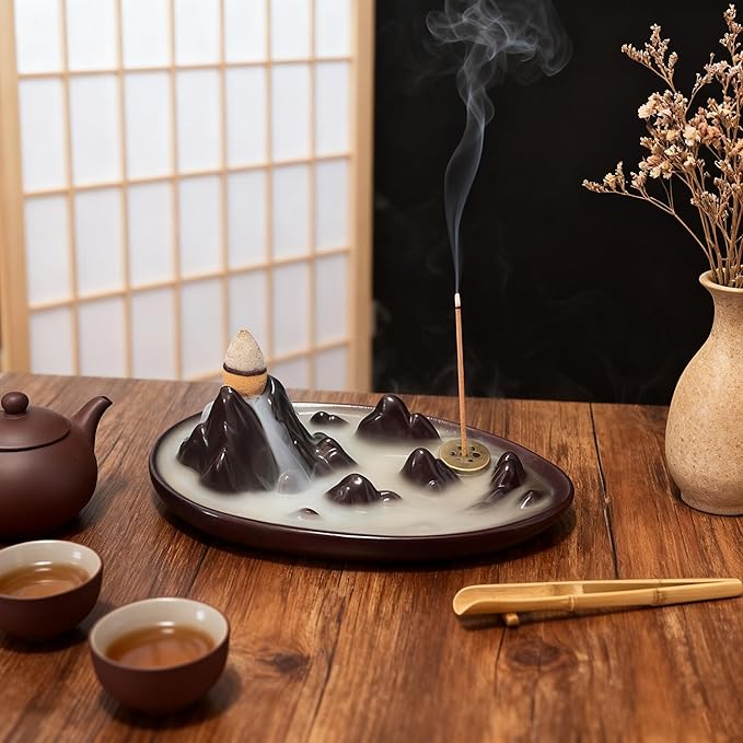 Backflow Incense Burner,Incense Holder,Ceramic Incense Burner with 20 Backflow Incense Cones,Tweezers and Brush
