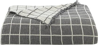 Bohemian 4 Layers Gauze Lightweight Throws,Cotton Muslin Throw Blanket,Breathable Coverlet, 4 Layer Bed Cover (Gray Windowpane, Oversized 100 x120 inches)