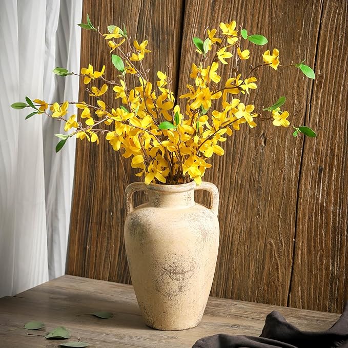 Ceramic Vintage Vases for Flower, 8.85 inch Rustic Vase with Handle, Tall Terracotta Christmas Farmhouse Vase for Home Decor, Living Room Shelf Decor, Enterway, Table, Lyeec