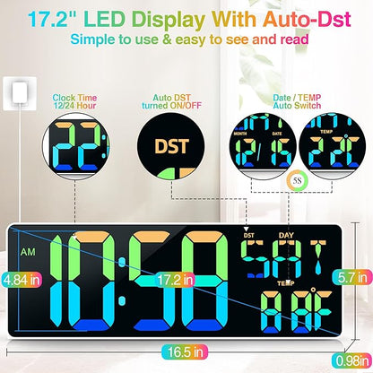 Large Digital Wall Clock Large Display 17.2" Big Digital Timer with 9 Groups Timer Remote Control for Gym Classroom 10 Colors Available for LED Wall Clock with Temperature Date Week DST Dynamic RGB