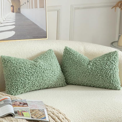 Yaertun Pack of 2 Faux Fur Throw Pillow Covers Decorative Sherpa Boucle Pillow Covers Fuzzy Soft Pillowcases Sheepskin Fleece Cushion Case for Couch Sofa Bed Living Room 12x20 Inch Sage Green