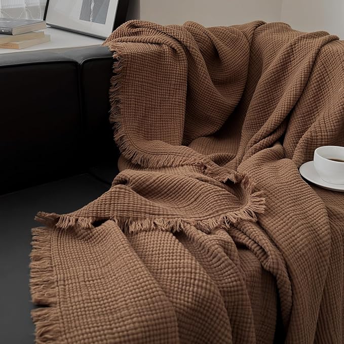 MorroMorn 100% Cotton Muslin Blanket with Fringes Twin Size 60"x80", 4-Layer Gauze Blankets for Adults, Boho Bedding Breathable Lightweight Ultra-Soft for Couch Bed All Seasons, Brown