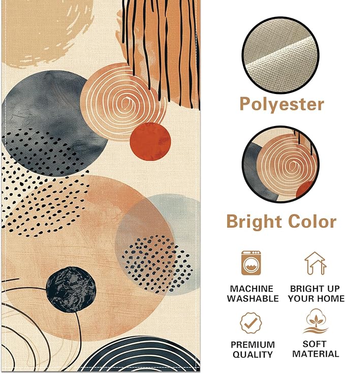 Boho Modern Geometric Dining Table Runner, Circle Abstract Art Burlap Kitchen Decoration, Minimalist Indoor Outdoor Home Decor Party Supply 13 x 72 Inches