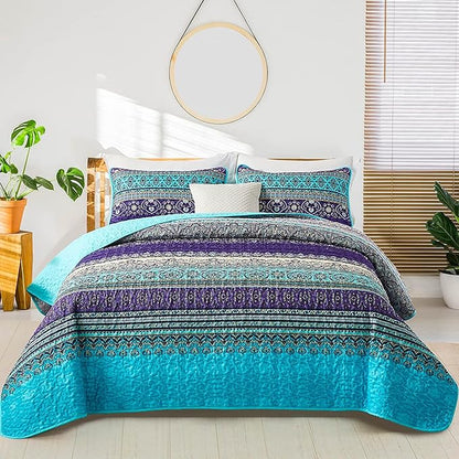 WONGS BEDDING Boho Quilt Twin Size, 2 Pieces Purple Blue Bohemian Lightweight Microfiber Bed Decor Bedspread for All Season 68"x86"