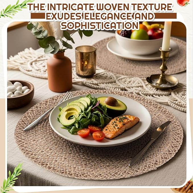 12 Pcs Jute Placemats Boho Braided Woven Table Mats for Dining Table Farmhouse Coasters for Thanksgiving Christmas Party Wedding Events(Classic,12 Inches)