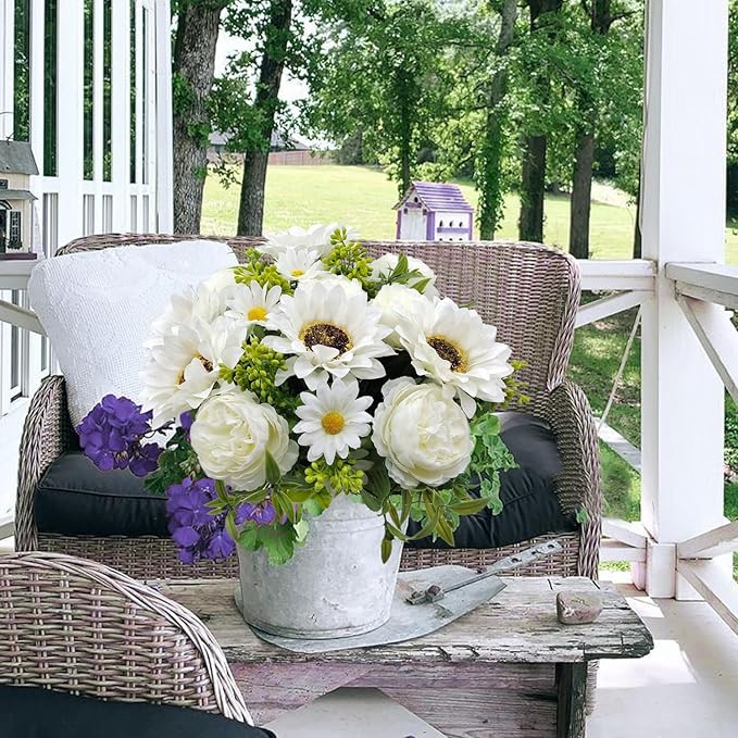 3 Pcs Fall Flowers Artificial Mums Silk Fake Mums Bouquet Faux Floral Arrangements Home Indoor Outdoor Planter Decor Party Wedding Table Autumn Decoration (White-A)