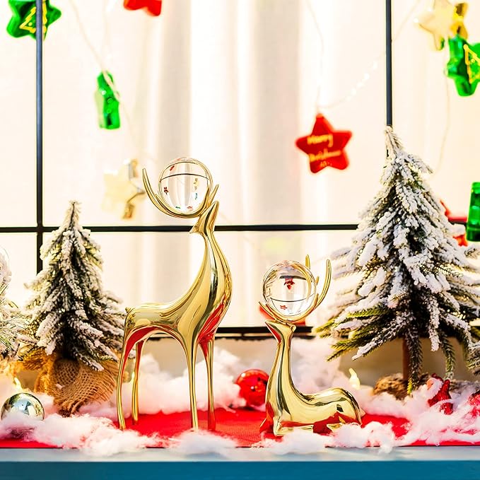 Sziqiqi Brass Reindeer Sculptures Animal Figurine Statues Christmas Deer Pure Copper Heavy Reindeer Ornaments for Home Decor Accents Living Room Office Bookself Tabletop Mantle Decoration