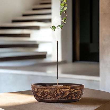 COTTON CRAFT - Wooden Incense Holder - 2 Pack Hand Carved Floral Incense Burner - Ash Catcher Bowl - Incense Sticks Aroma Room Freshener Zen Home Décor Gift - Yoga Meditation - 5 x 5 x 1.5 - Natural