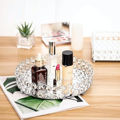 Feyarl Crystal Perfume Tray Cosmetic Makeup Vanity Tray Jewelry Trinket Organizer Mirrored Decorative Tray for Home Deco Christmas Birthday Gift(Round 10" inch) (Silver)