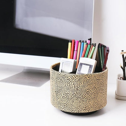 lizimandu Round Leather Art Supply Organizer,Remote Control Holder,360 Degree Spinning,Multi-Functional Pencil Holder,4 Compartments Desktop Stationary Organizer(1-Yellow Black)