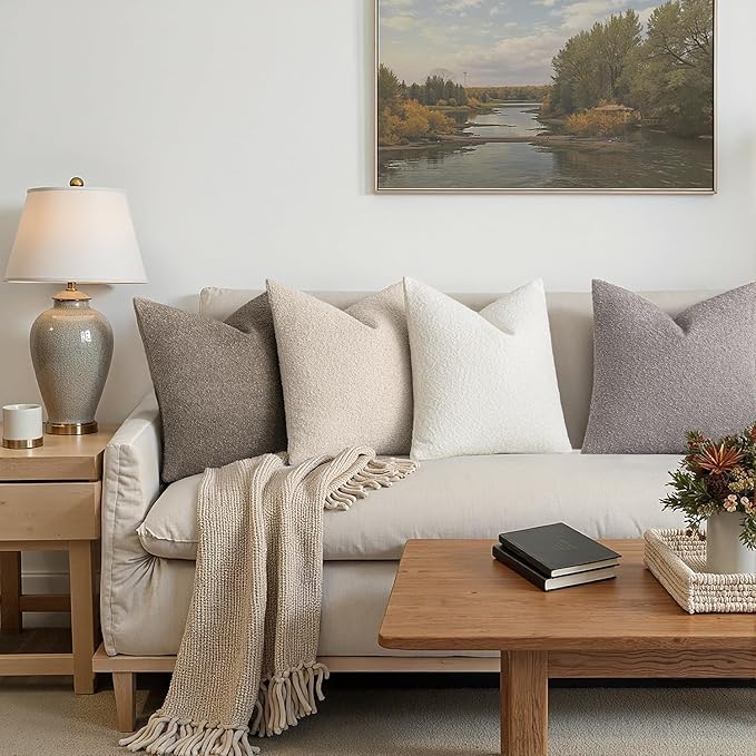 MIULEE Pack of 4 Decorative Textured Boucle Throw Pillow Covers 22x22 Inch Neutral Accent Euro Sham Pillow Cases Soft Couch Cushion Covers Modern Farmhouse Boho Chair Sofa Bed Livingroom Home Decor