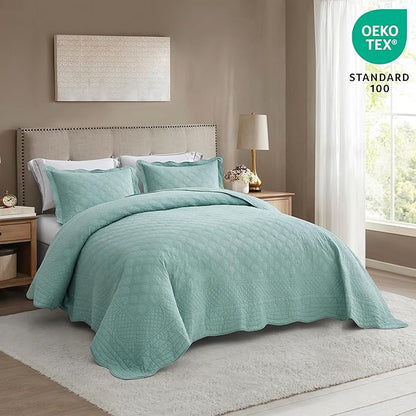 CHIXIN Oversized Cotton Bedspread Queen Size - Real Stitching - Luxury Quilted Bedding Cover for All Season, Reversible, Ultra Soft, Lightweight, 3 Piece, Seaglass